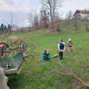 Otroci pomagajo nositi veje na prikolico